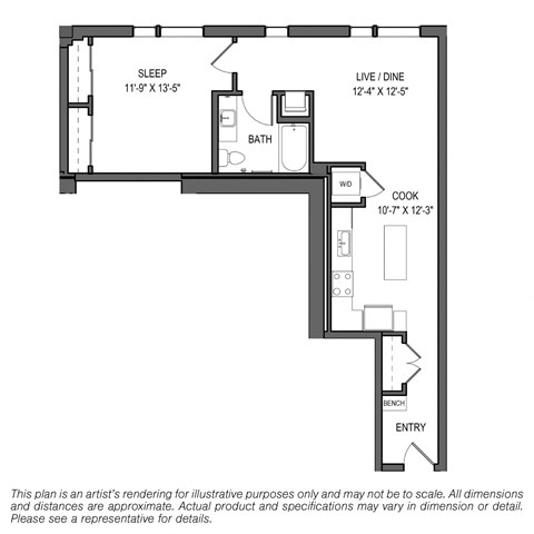 Floor plan for 1 bed, 1 bath, 782 sqft